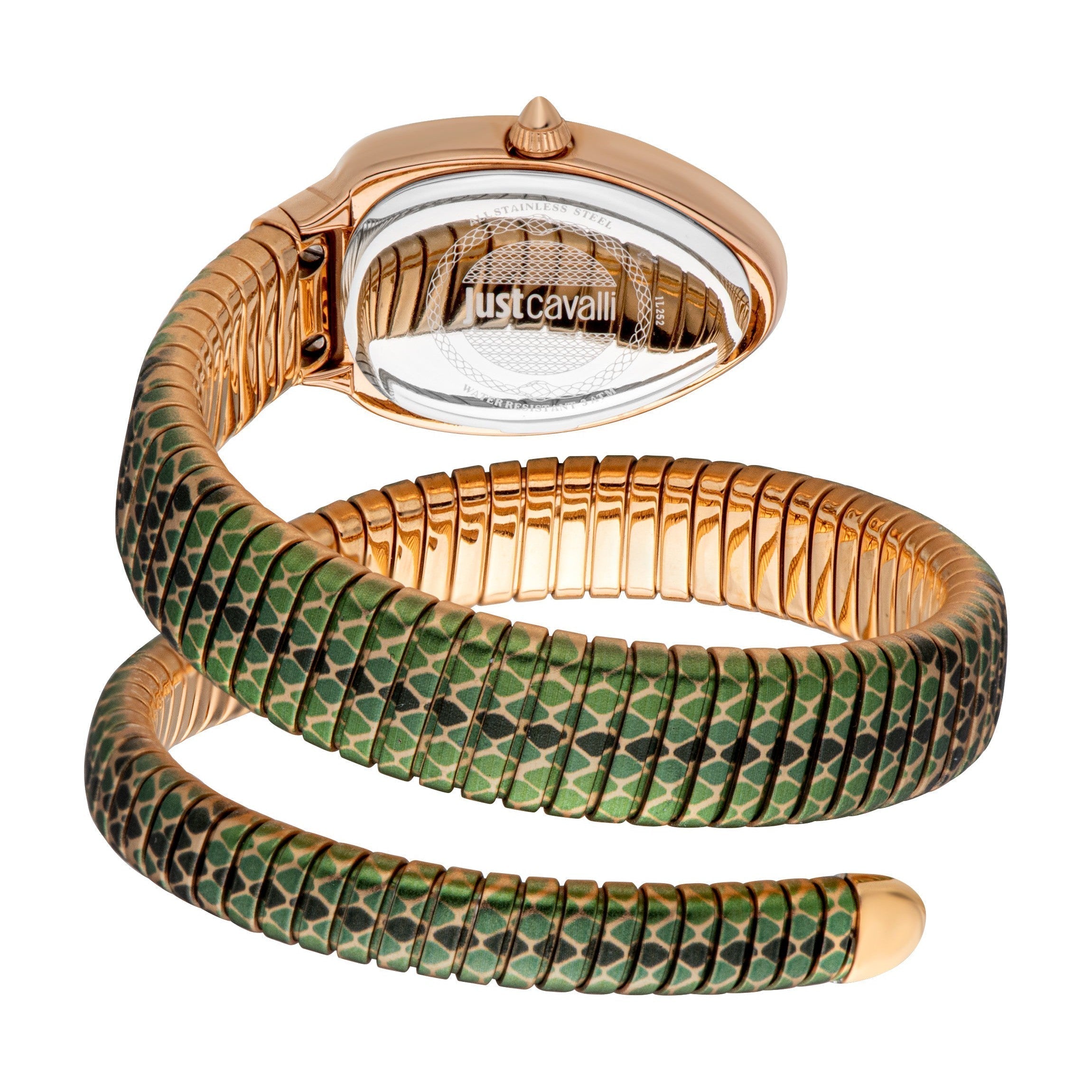 Just Cavalli Pelle Solo watch wrapped strap detail with rose gold and green snakeskin design