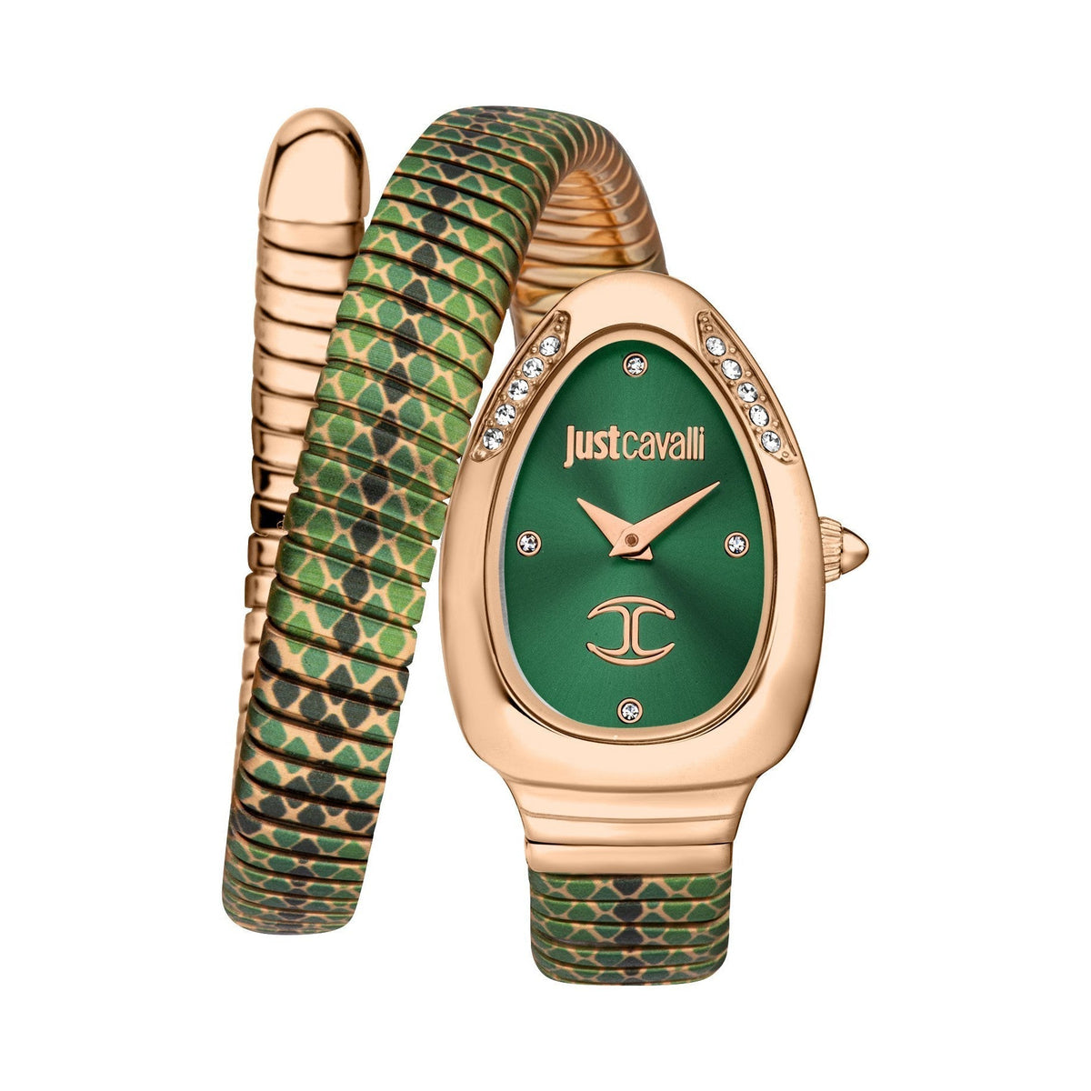 Just Cavalli Pelle Solo women's watch with rose gold case, green snakeskin strap, and green dial