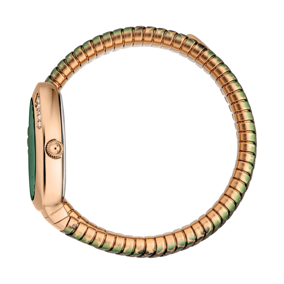 Just Cavalli Pelle Solo watch side view showing rose gold case and wrapped green snakeskin strap