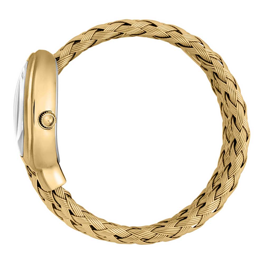 Gold braided steel strap with Just Cavalli Novara watch worn on wrist