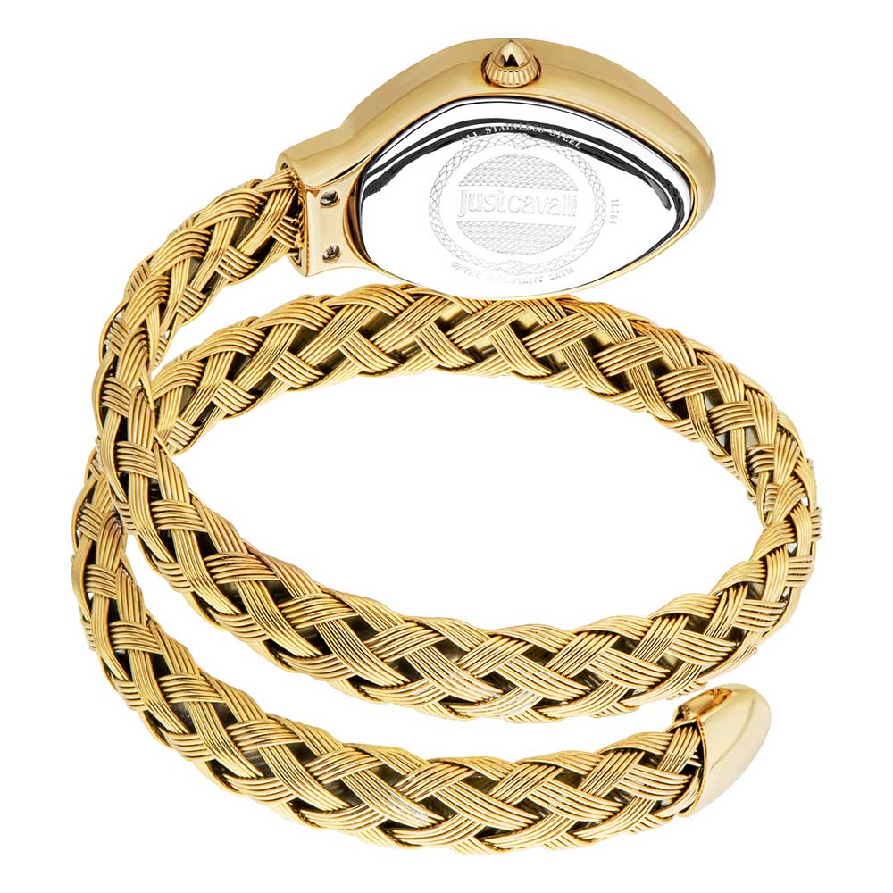 Side profile of Just Cavalli Novara watch showing gold case and braided strap design