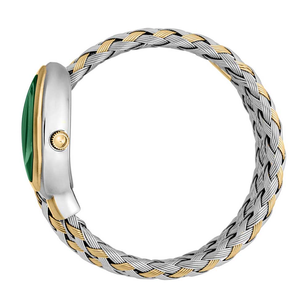 Just Cavalli Twined watch on wrist with green dial and two-tone braided strap