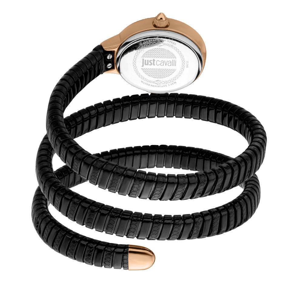 JUST CAVALLI After Party watch showing caseback with engraved logo and black snake strap coils