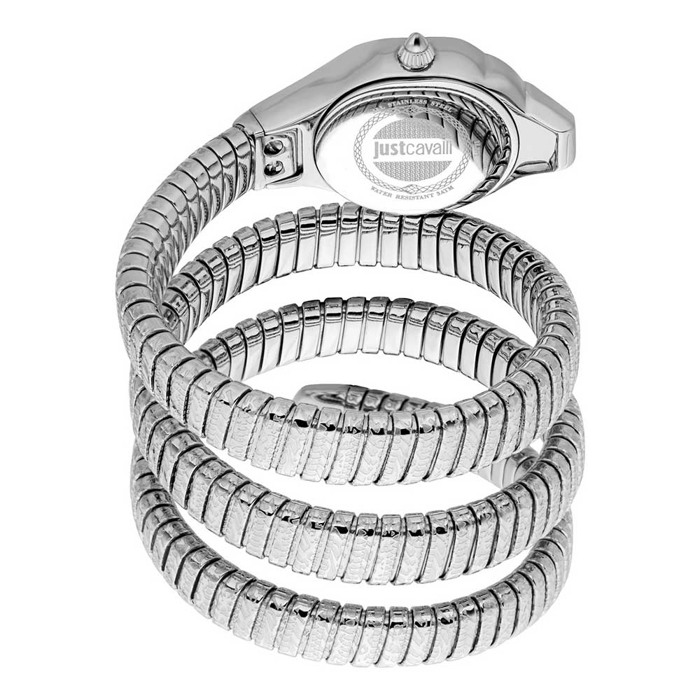Just Cavalli Ravenna watch with flexible stainless steel coil bracelet strap detail