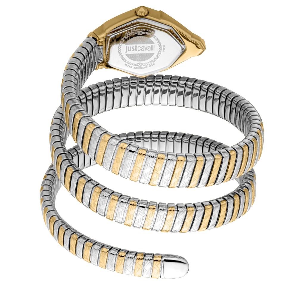Just Cavalli watch caseback showing snake coil wrap bracelet and hexagon case