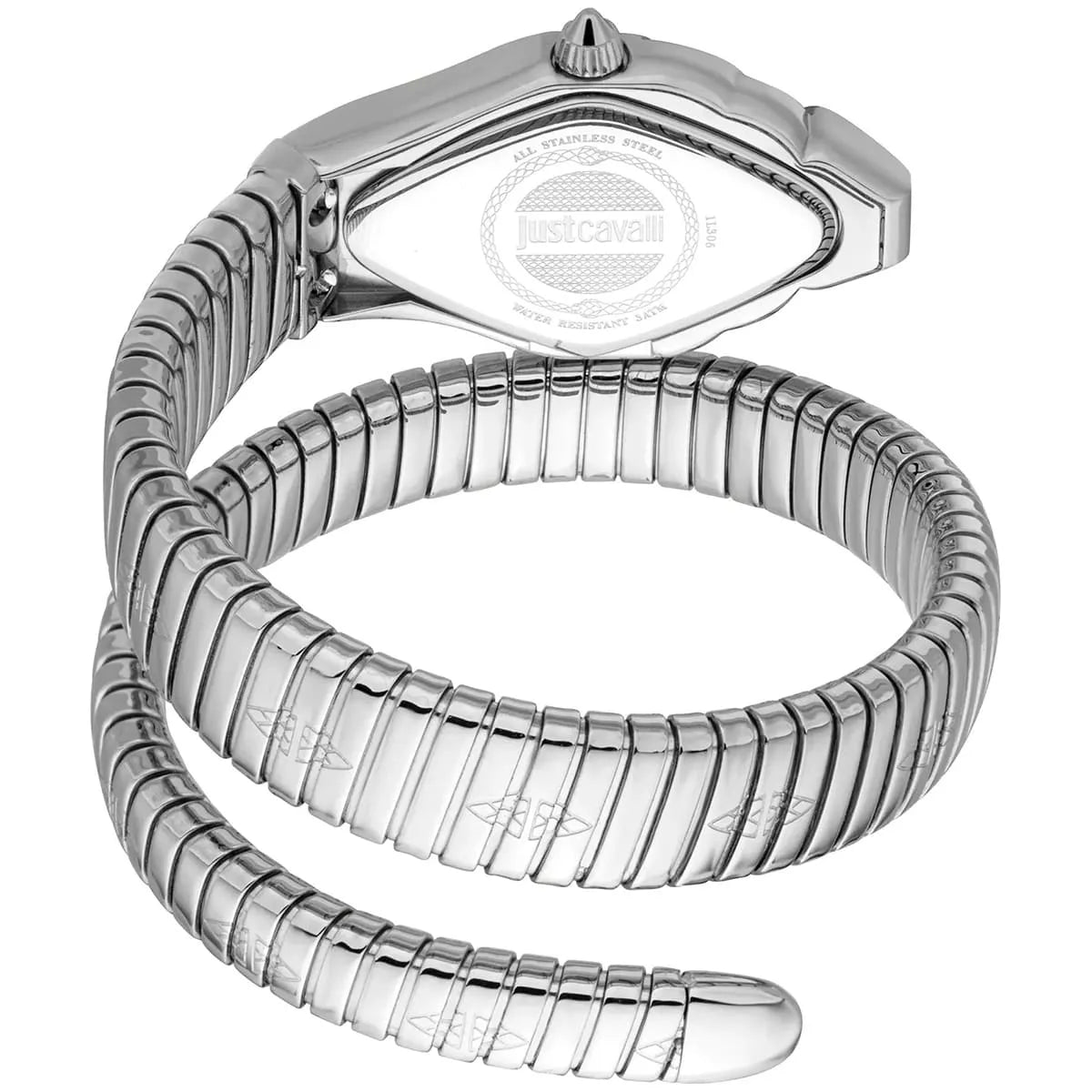Caseback of Just Cavalli Ferocious watch showing silver snake-textured metal design and engraved detail