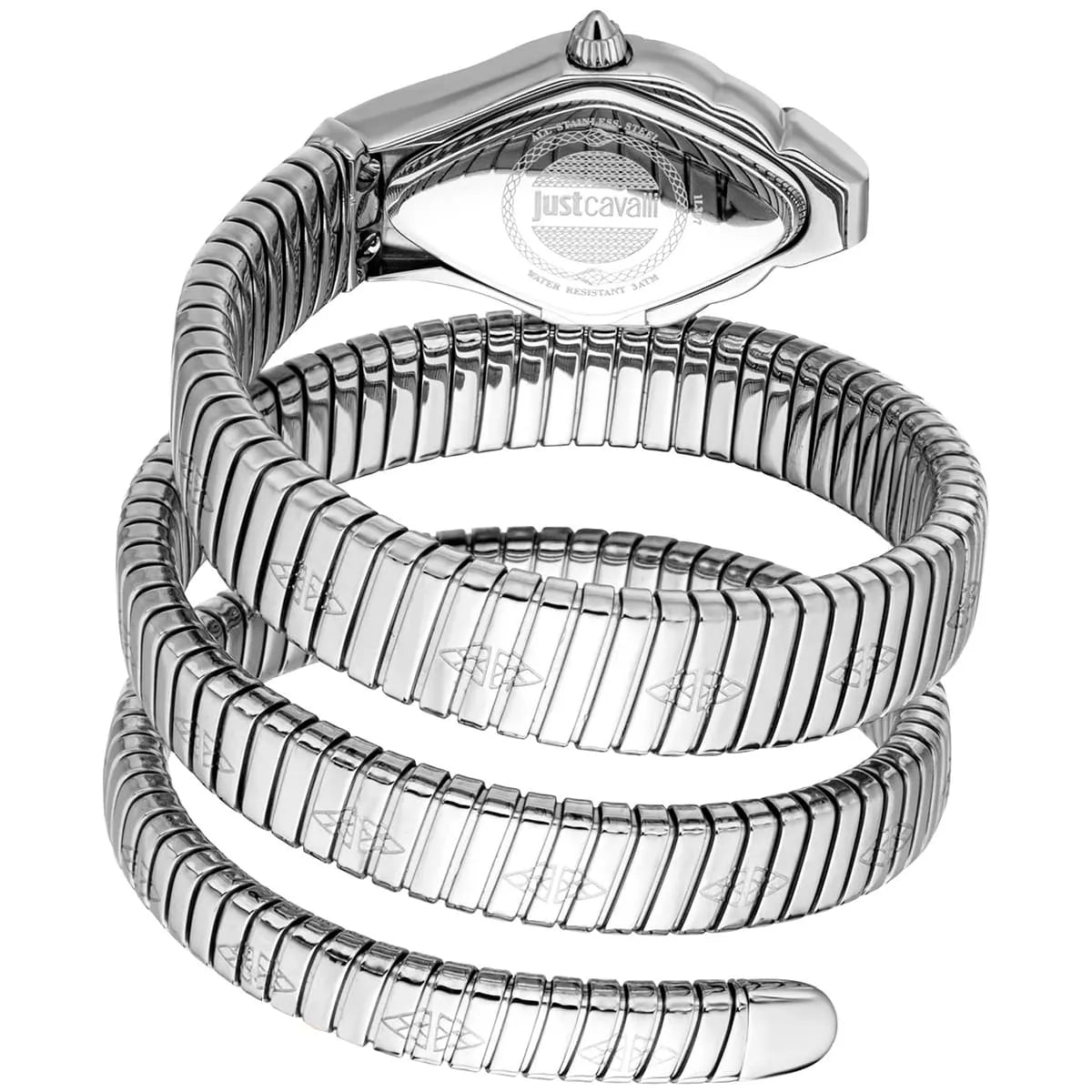Just Cavalli snake wrap bracelet showing coiled stainless steel design with segmented segments