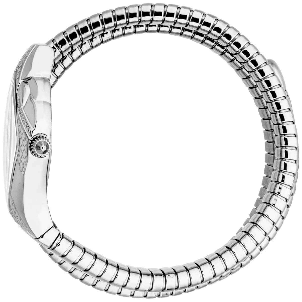 Just Cavalli women's watch worn on wrist displaying snake wrap bracelet and diamond-shaped case