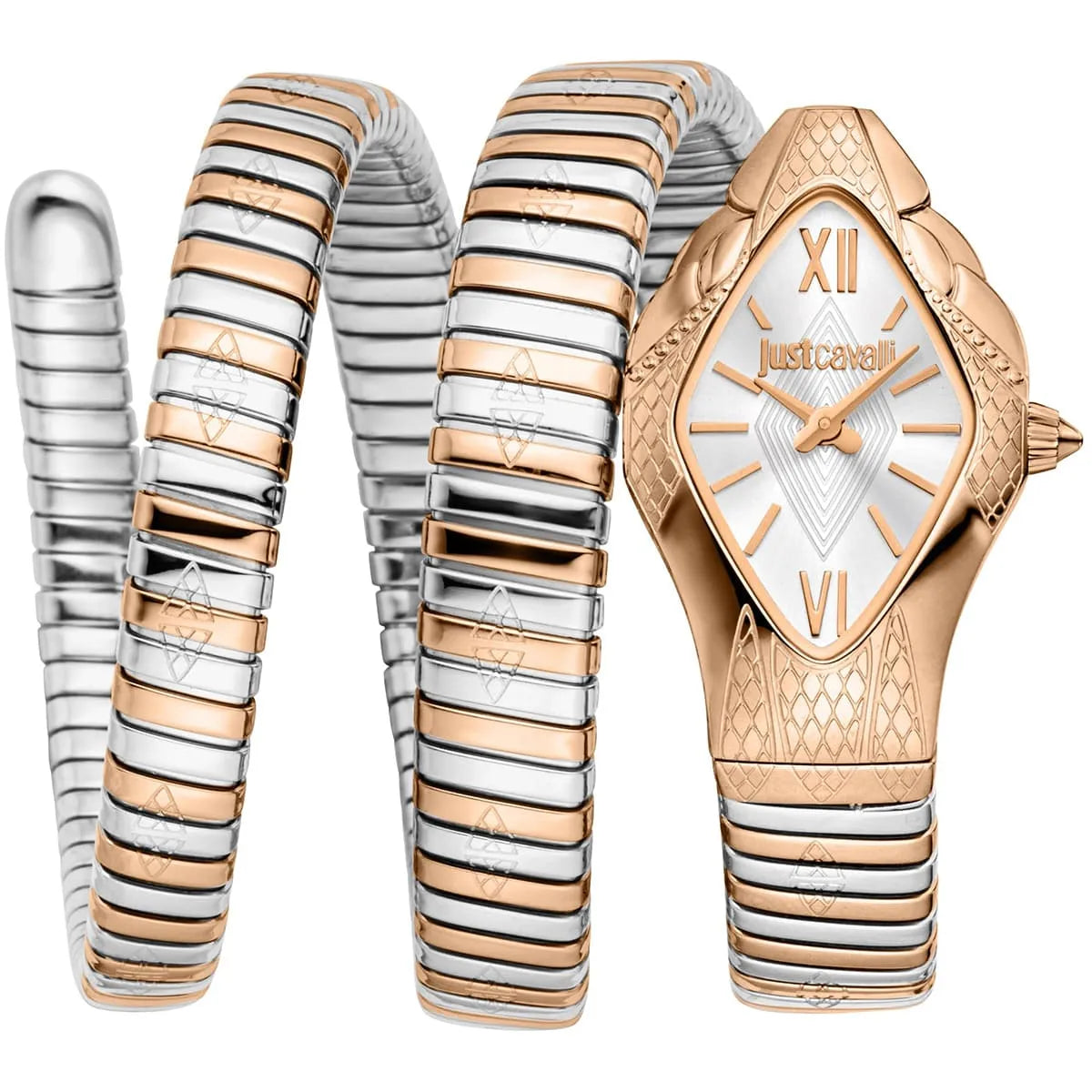Just Cavalli Cristallo women's watch with rose gold case, silver dial, and two-tone stainless steel snake-wrap bracelet