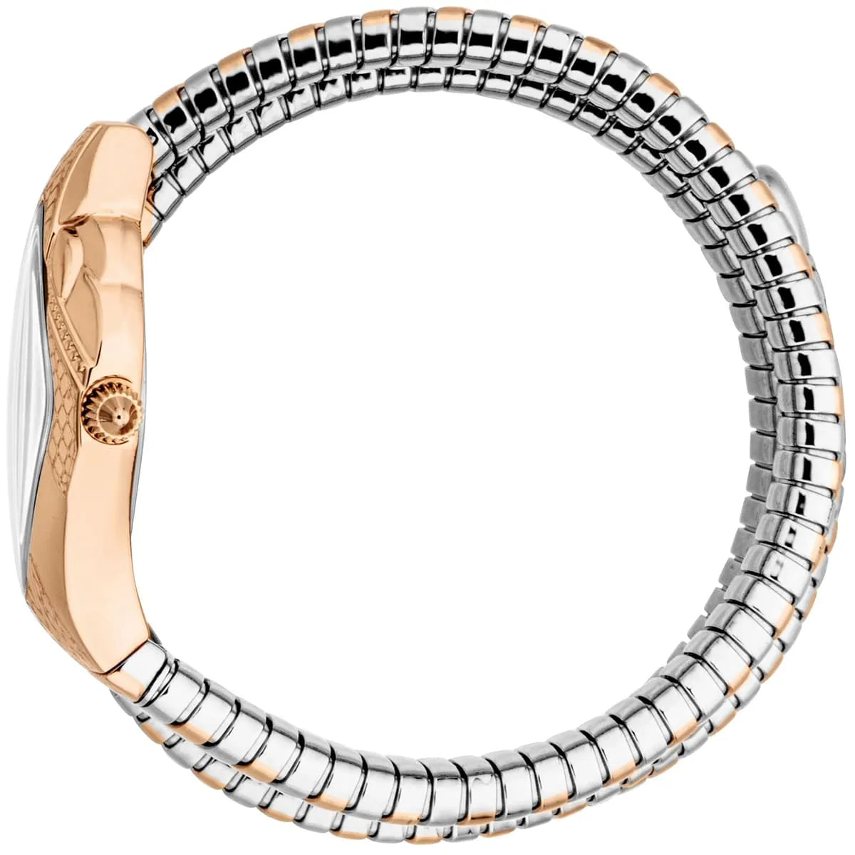 Just Cavalli Cristallo watch on wrist showing snake-wrap bracelet with two-tone stainless steel construction