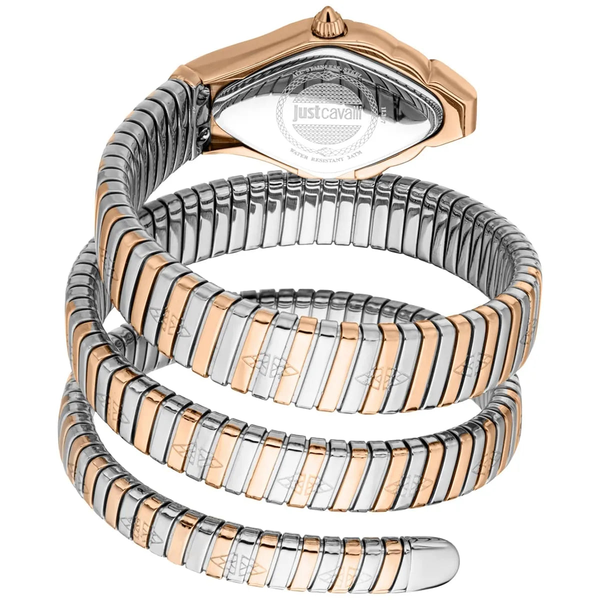 Two-tone rose gold and silver stainless steel snake-wrap bracelet with double-wrap design detail