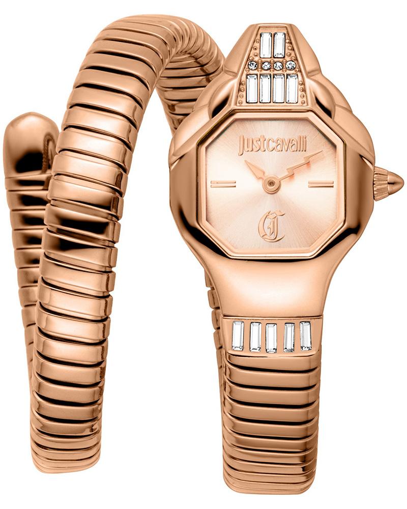 Just Cavalli Glam Snake rose gold women's watch with octagonal case, rose gold dial, and snake-pattern bracelet