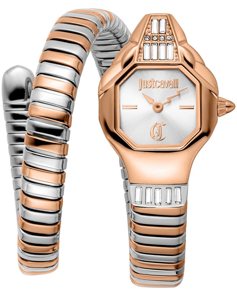 Just Cavalli Signature Snake women's watch with rose gold octagonal case and two-tone snake-link bracelet
