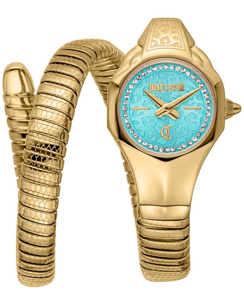Just Cavalli Fiore Turquoise Dial Gold Steel Strap Women Watch - JC1L354M0035
