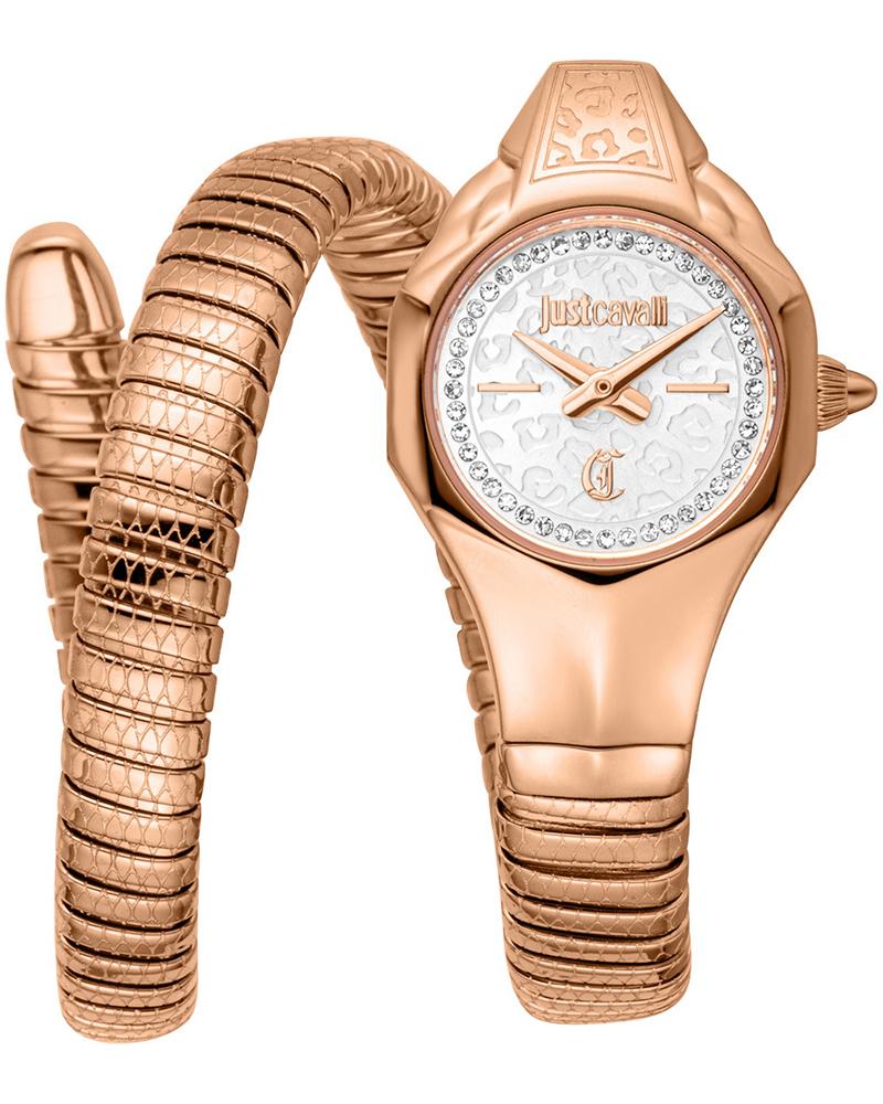 Rose gold Just Cavalli women's watch with white dial and snake-design wrap bracelet