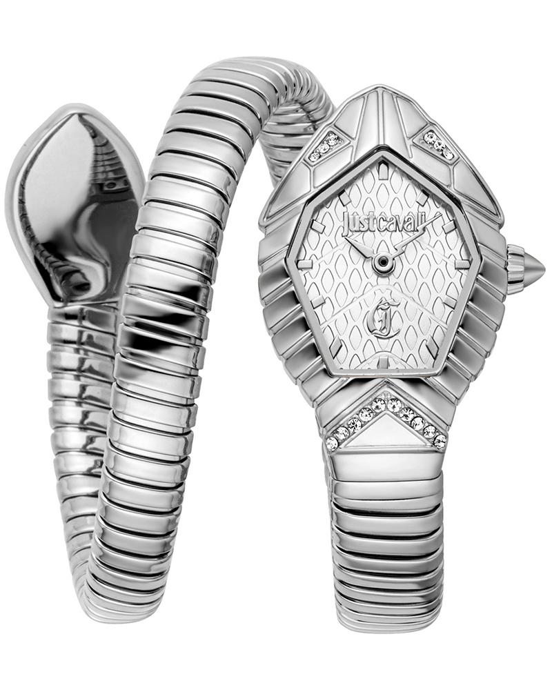 Just Cavalli Signature Snake Speranza silver watch with snake-shaped case and jeweled dial