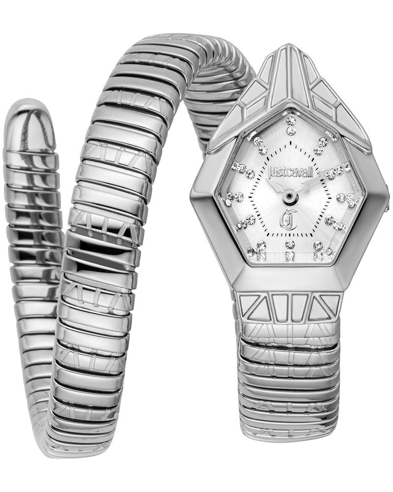 Just Cavalli Gemma silver dial women's watch with pentagon case and coiled bracelet