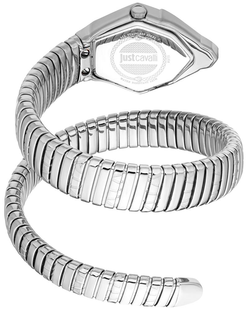 Side view of Just Cavalli Gemma watch showing coiled bracelet and case profile