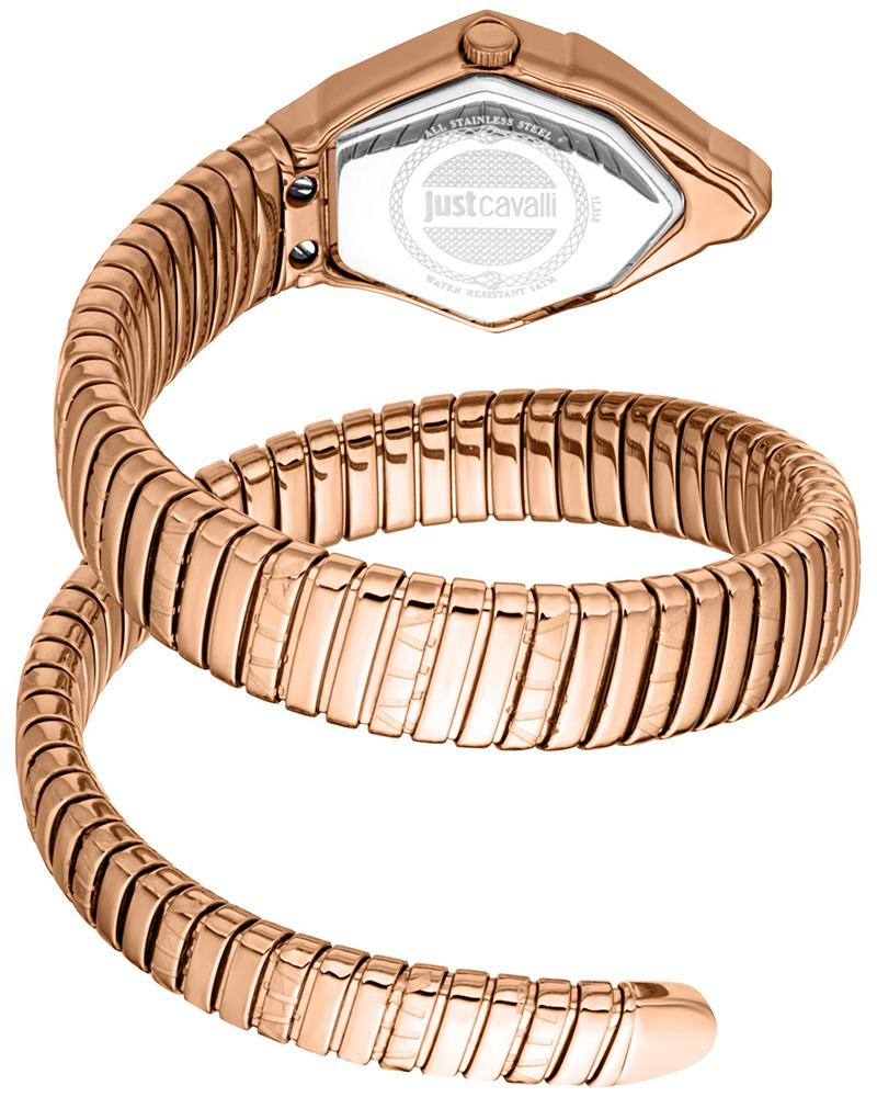 Gemma watch caseback and coiled rose gold-tone bracelet from side view