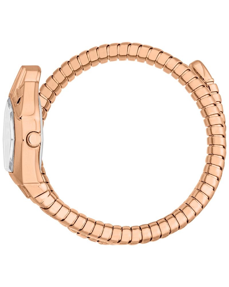 Gemma ladies watch with silver-tone dial worn on wrist with rose gold coiled bracelet