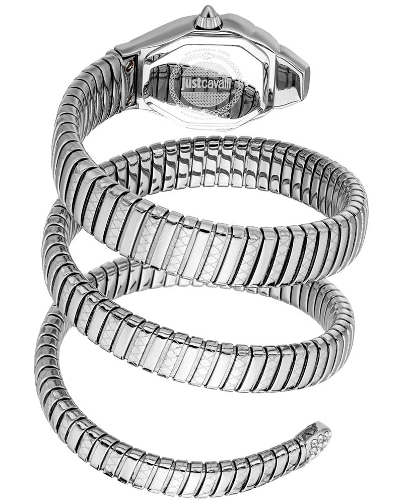 Just Cavalli Signature Snake Ambra watch from angled view showing articulated snake bracelet and case profile