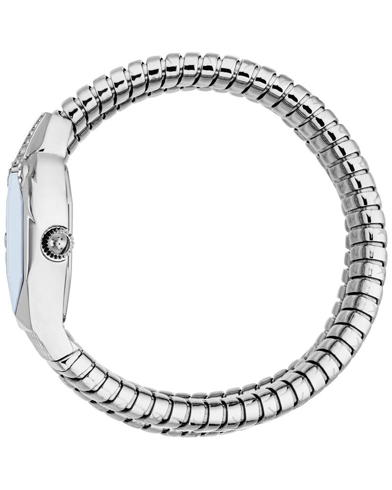 Just Cavalli Signature Snake Ambra watch from side view displaying segmented snake-shaped metal bracelet