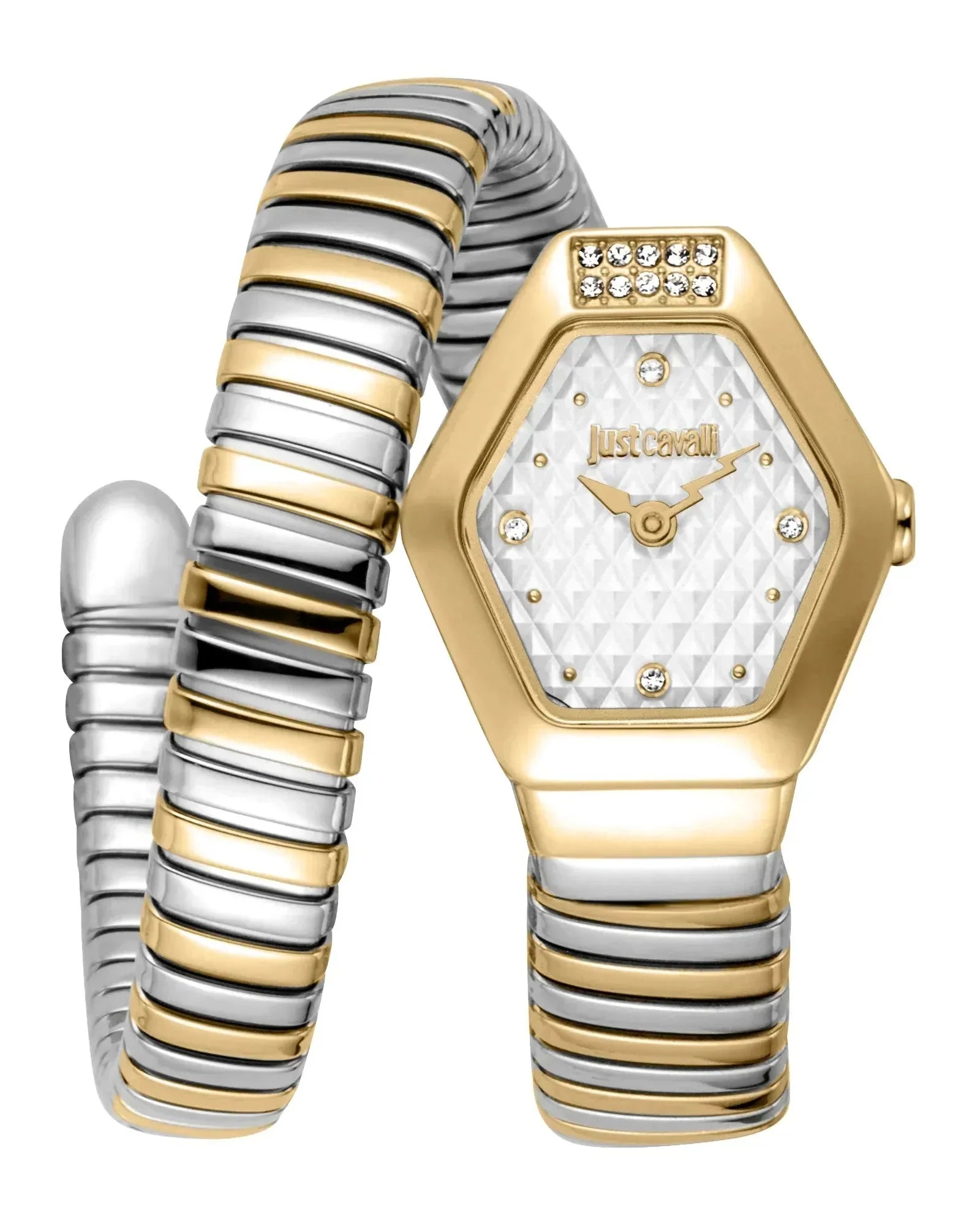 Just Cavalli Signature Snake Splora Silver Yellow Gold Watch - JC1L394M0055
