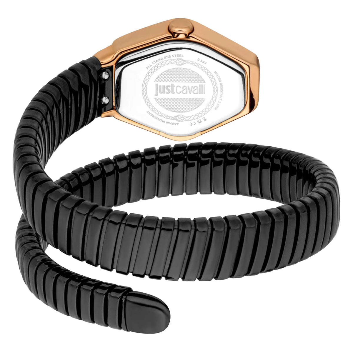 Just Cavalli Splora caseback with engraved logo and black steel bracelet detail
