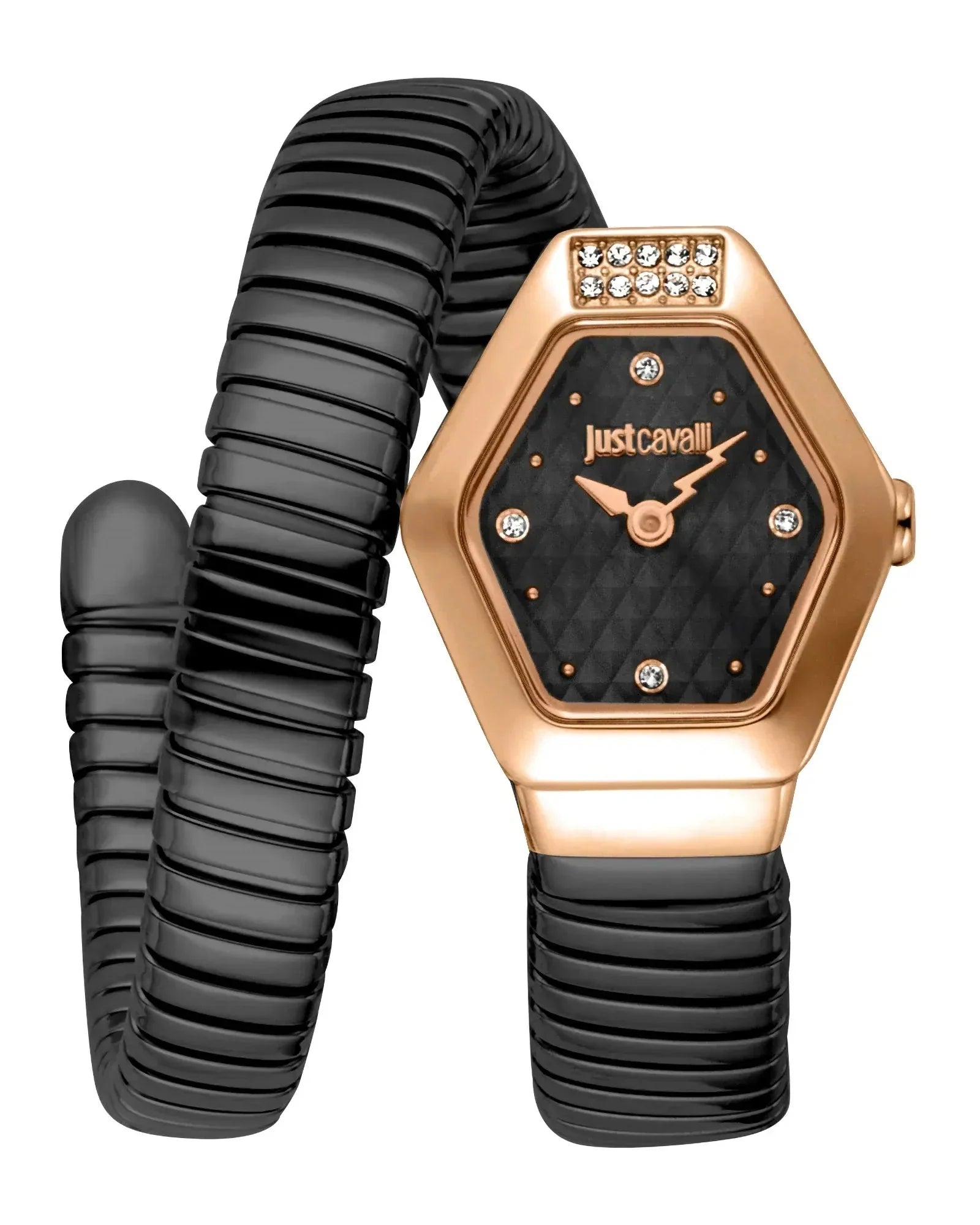Just Cavalli Splora women's watch with black dial, rose gold case, crystal bezel, and black steel strap