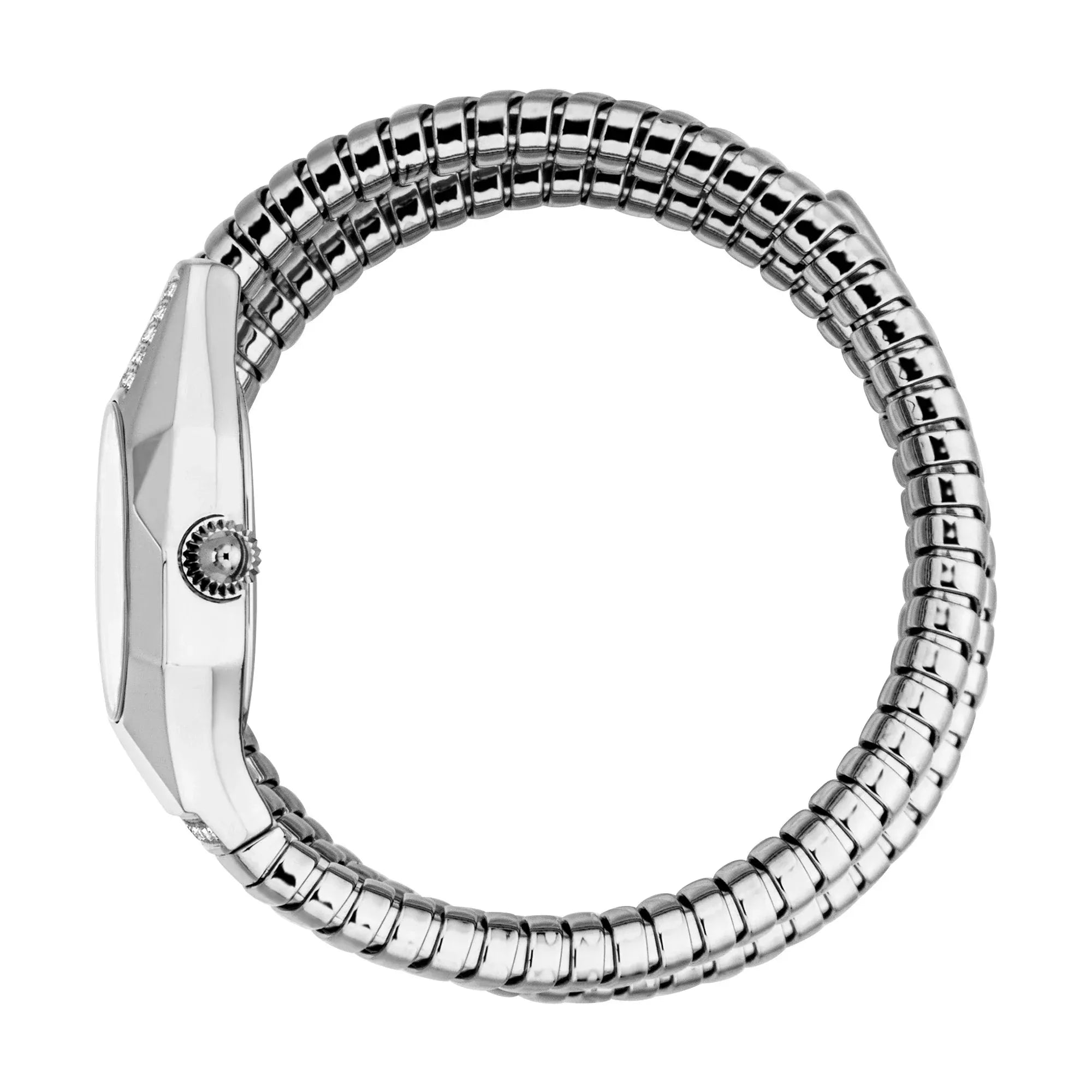 Side view of Just Cavalli Snake silver watch showing expandable coiled snake bracelet design