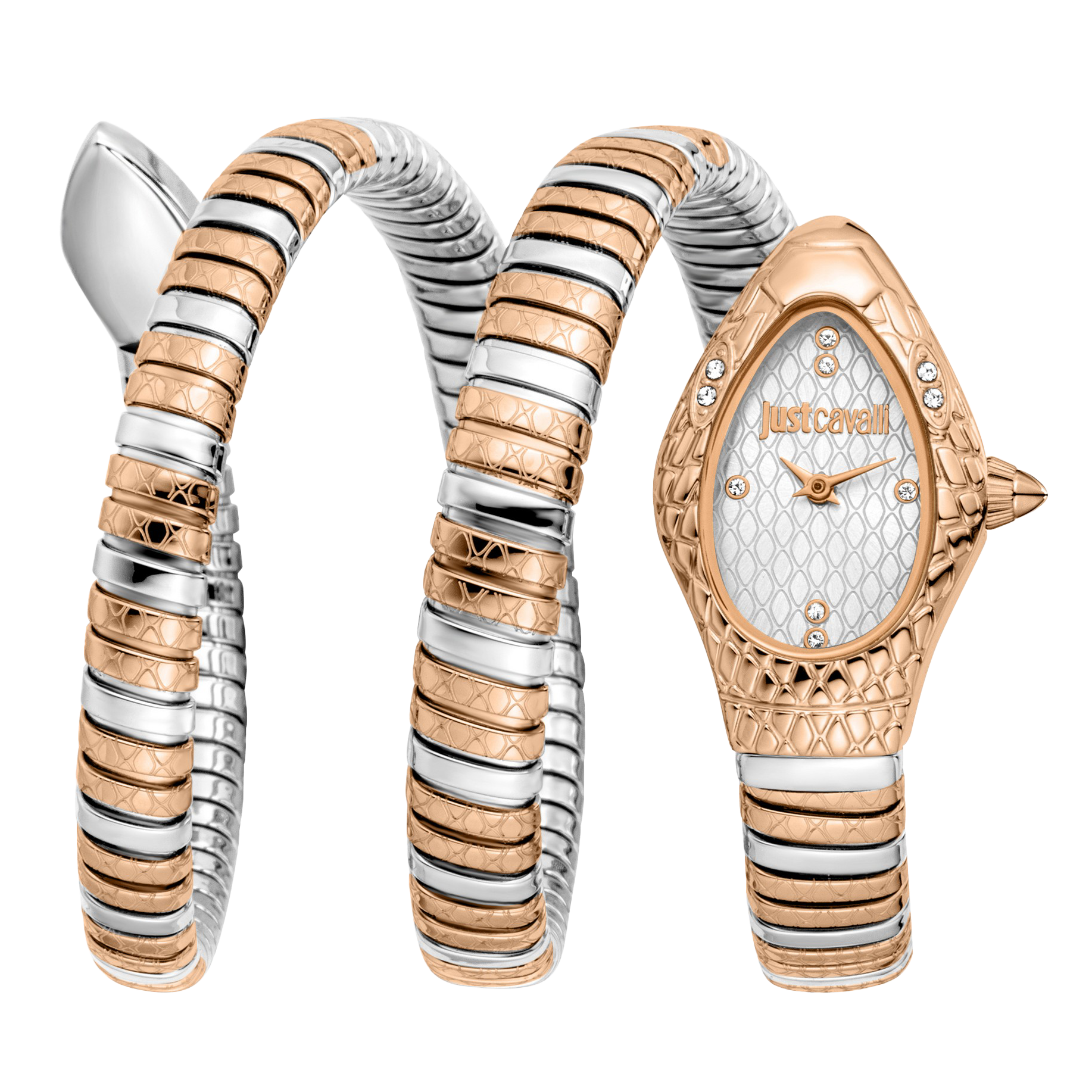 Just Cavalli Aurela white dial two-tone steel women's watch with snake-link strap