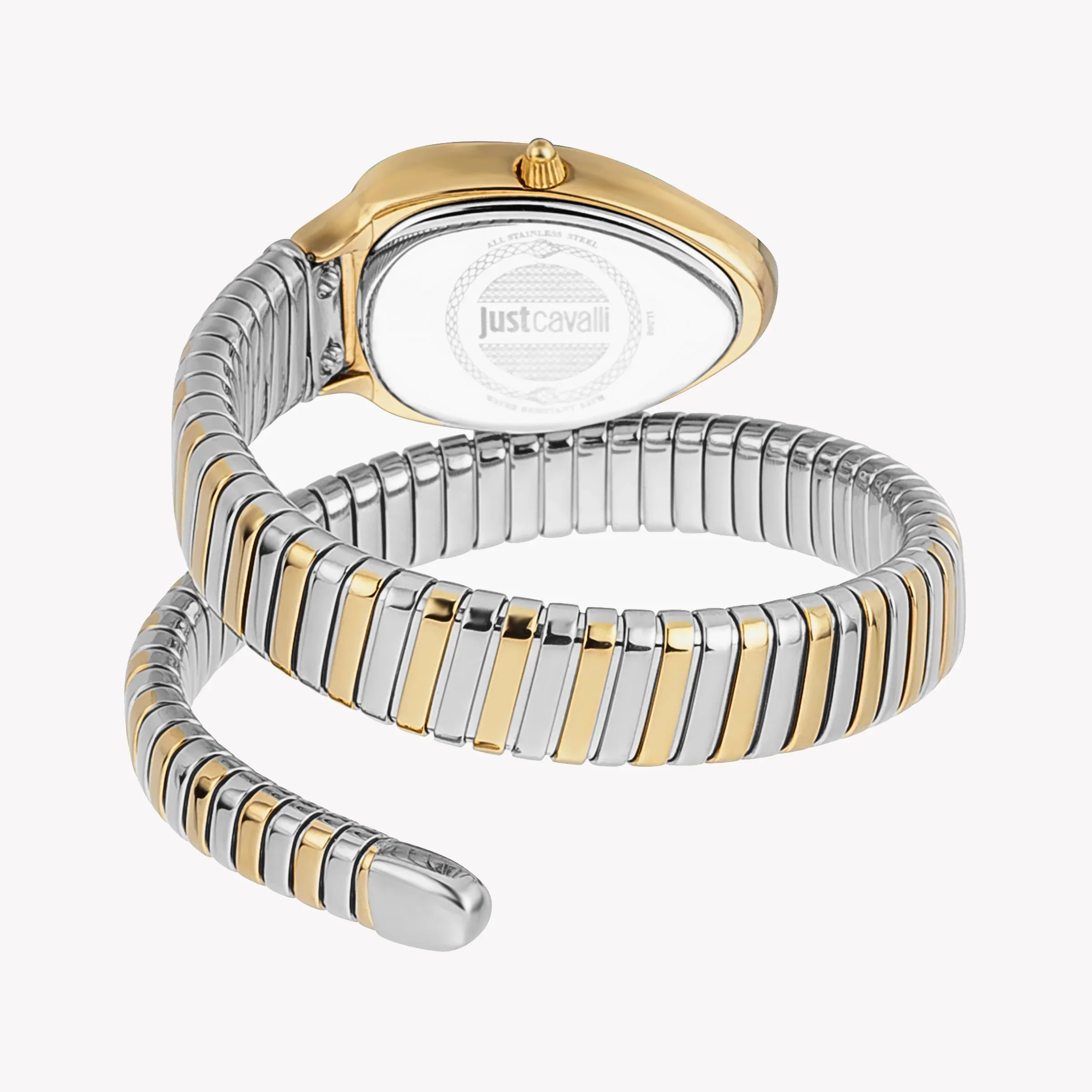Just Cavalli Glam Chic watch caseback and wraparound two-tone bracelet detail with engraved back