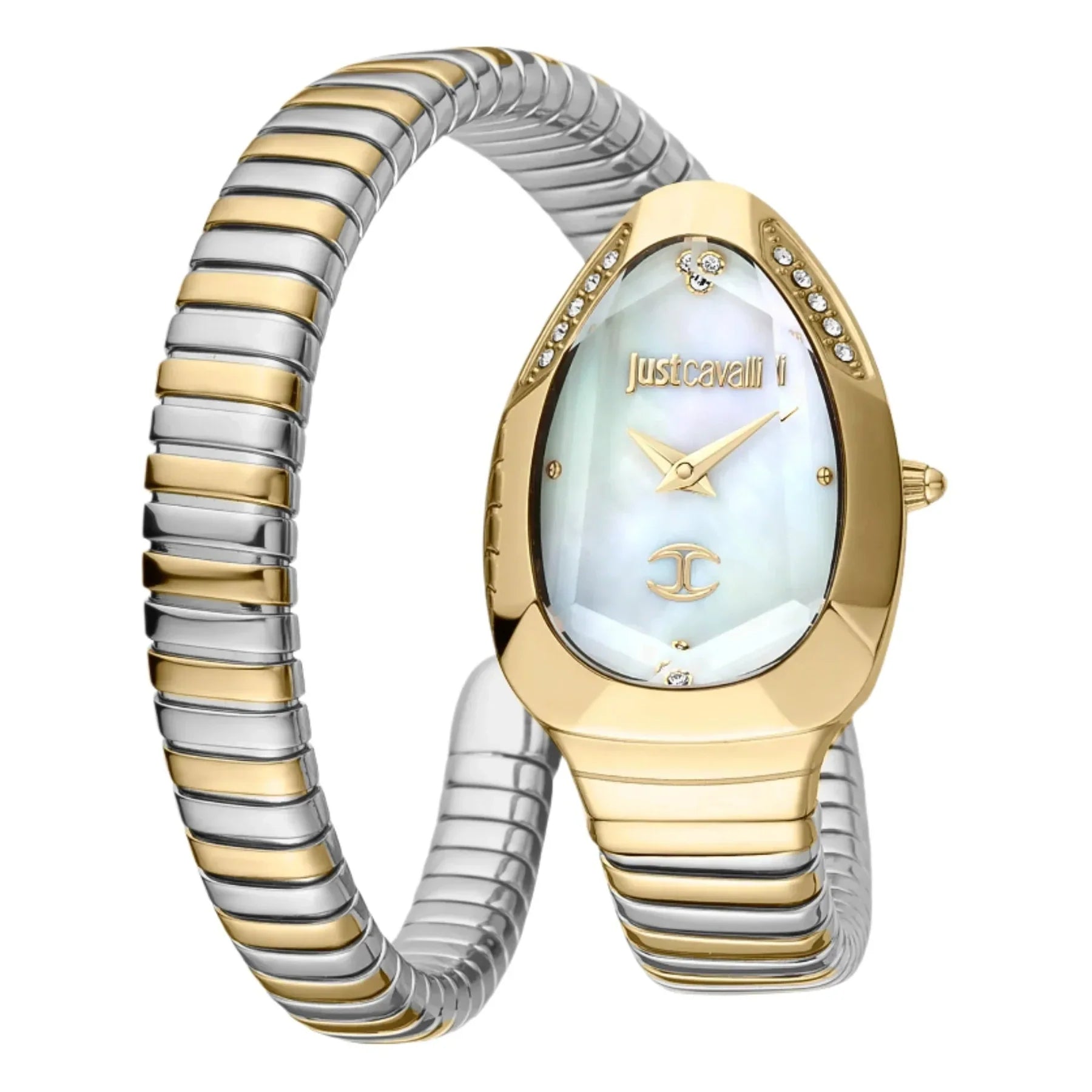 Just Cavalli Glam Chic ladies watch with oval white mother-of-pearl dial and two-tone gold-silver bracelet