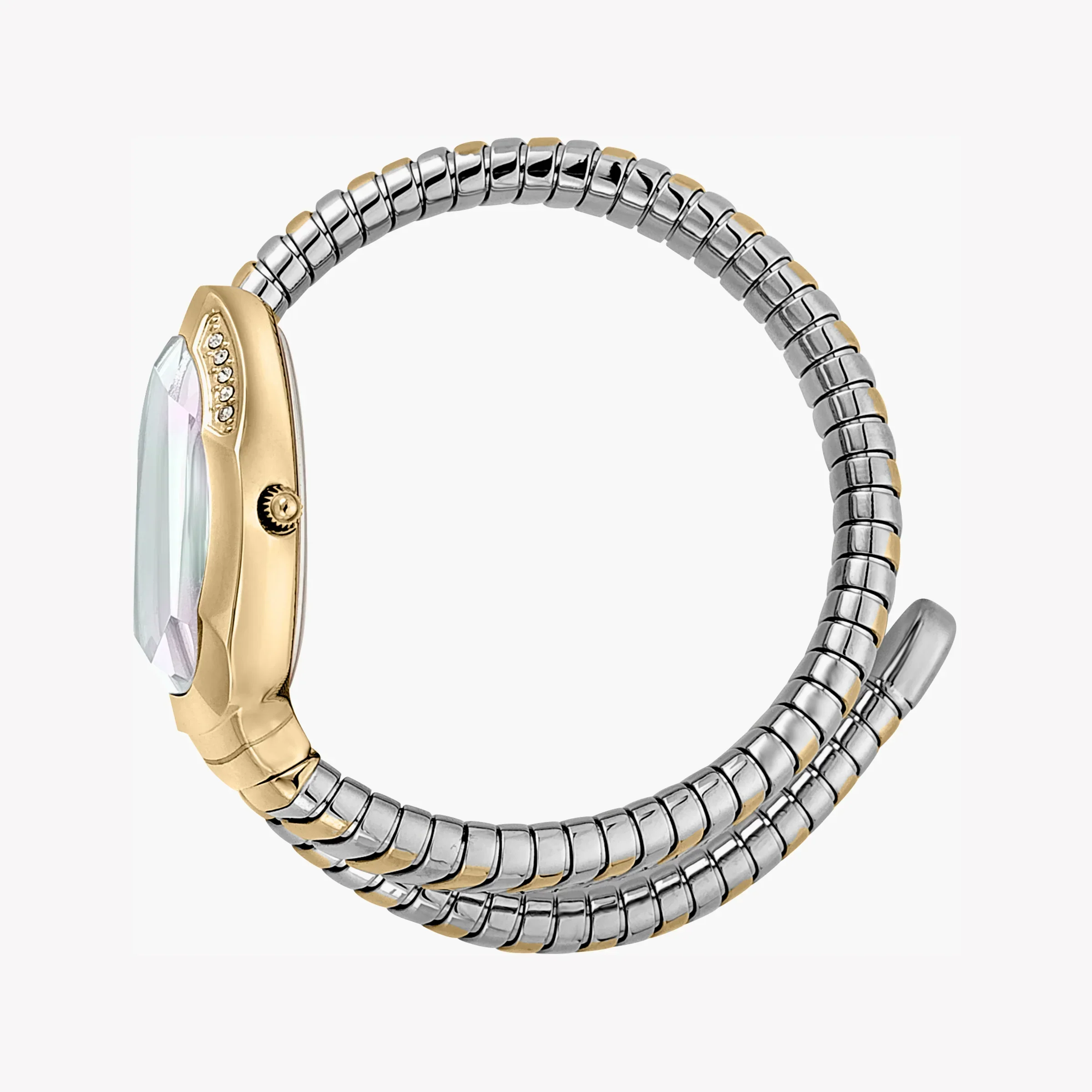 Just Cavalli Glam Chic watch side profile showing gold oval case and segmented two-tone bracelet
