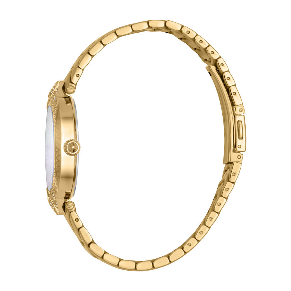 Side view of Just Cavalli Animalier Luce watch showing gold bracelet and case profile