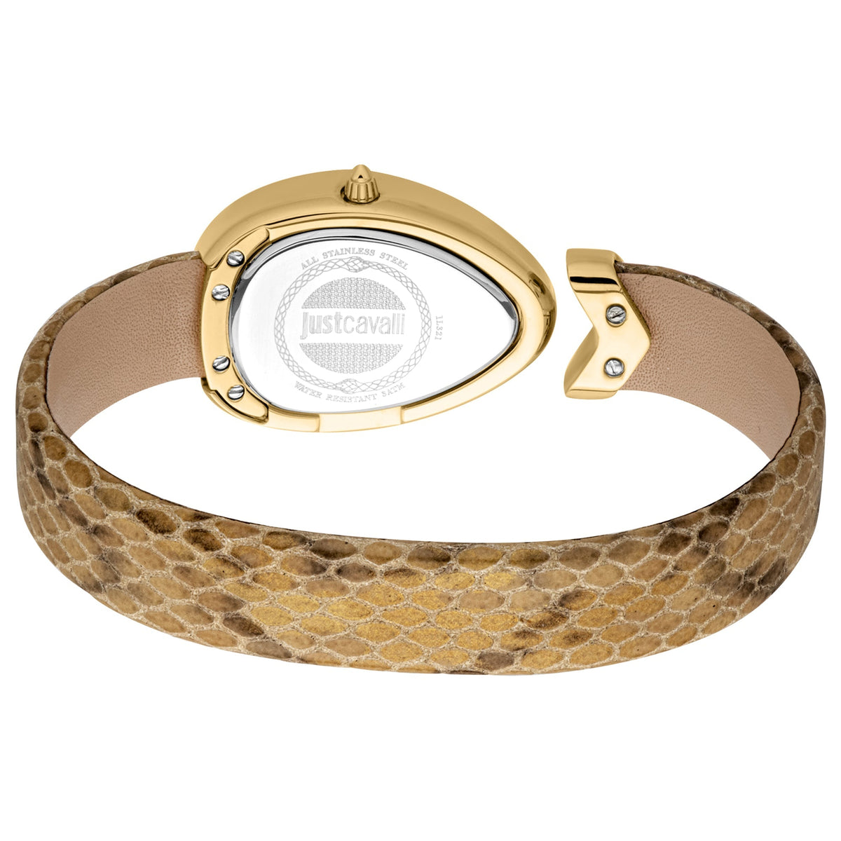 Caseback view of Just Cavalli Diversa Snake watch with snakeskin strap