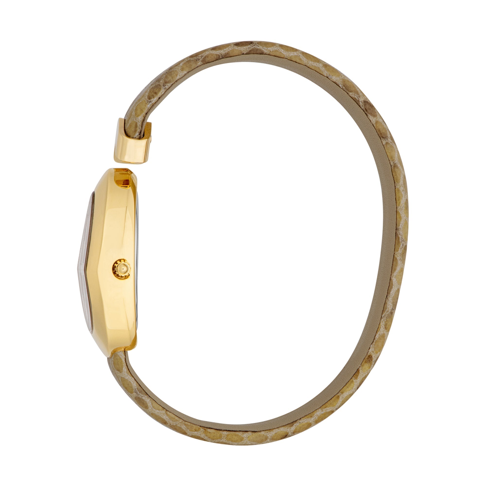 Side view of Just Cavalli Diversa Snake watch showing gold case and snakeskin strap