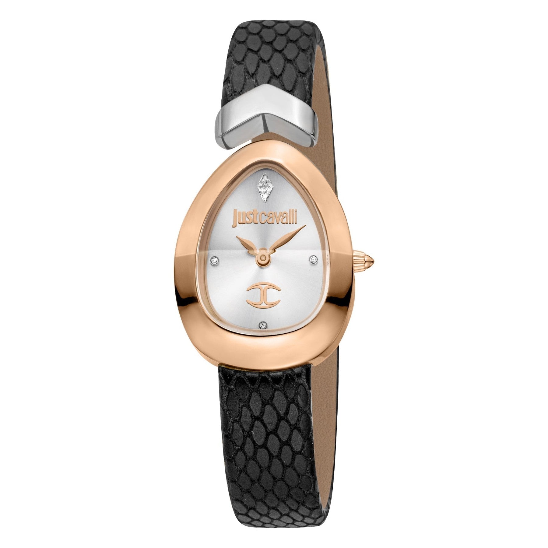 Just Cavalli Snake Diversa women's watch with rose gold oval case, white dial, and black snake-textured leather strap