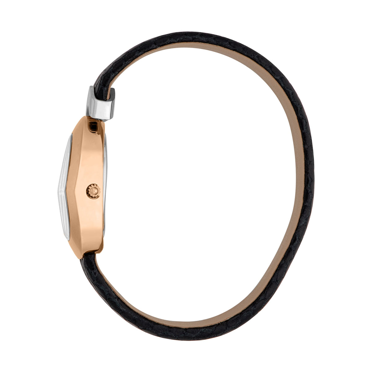 Side view of Just Cavalli Snake Diversa watch showing rose gold case profile and black leather strap