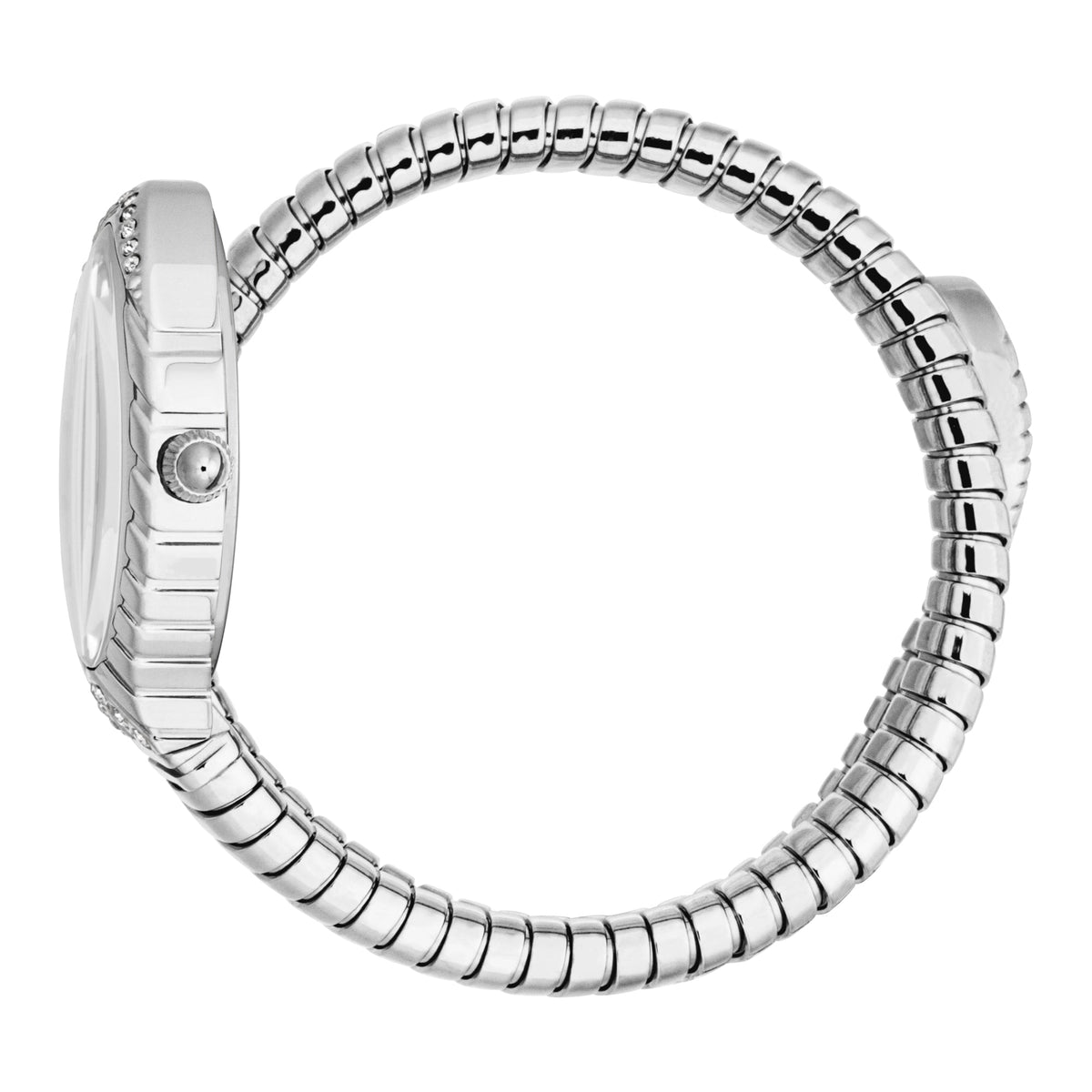 Just Cavalli Unica snake watch worn on wrist showing side profile and stainless steel band