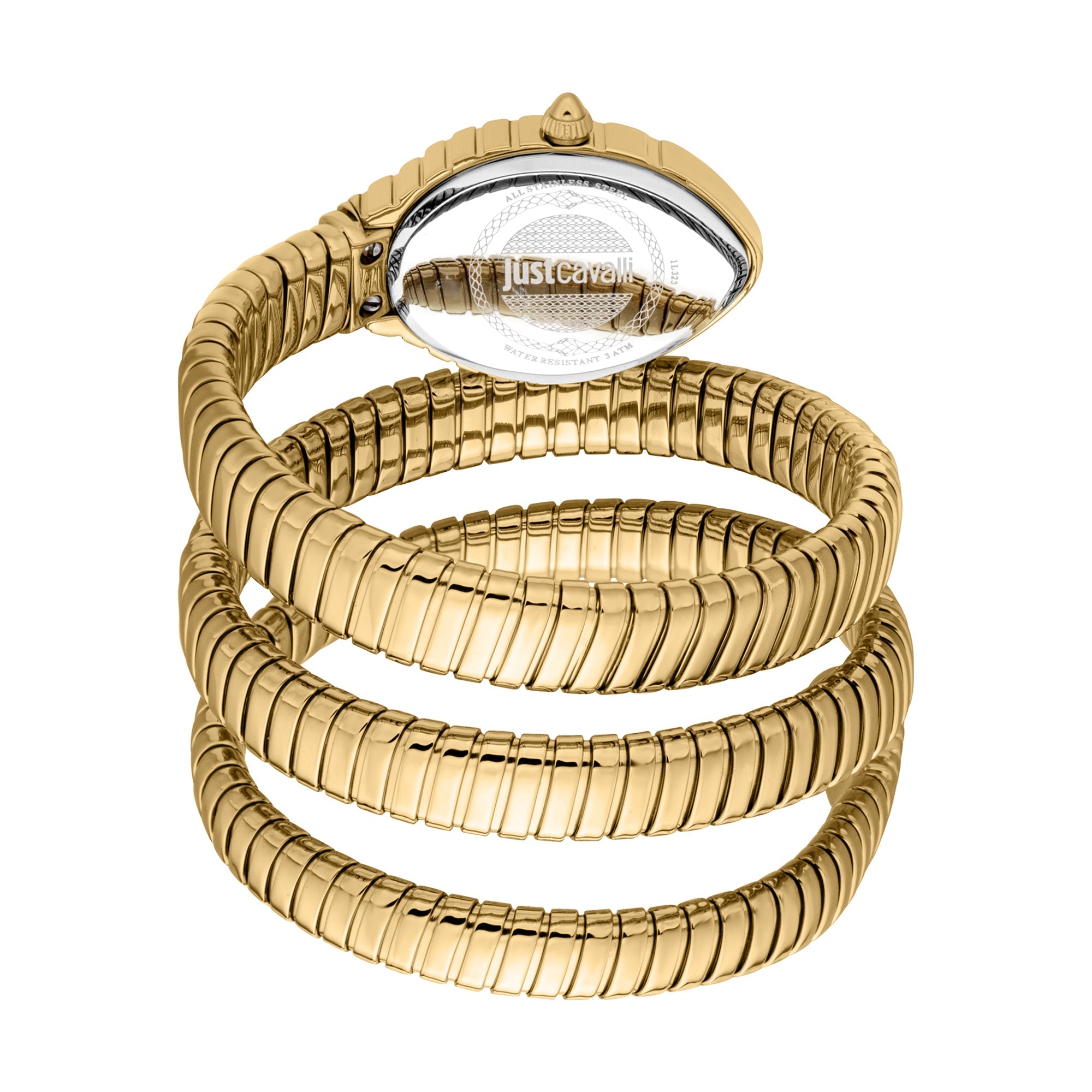 Gold-tone stainless steel snake coil bracelet detail of Just Cavalli Specchio watch