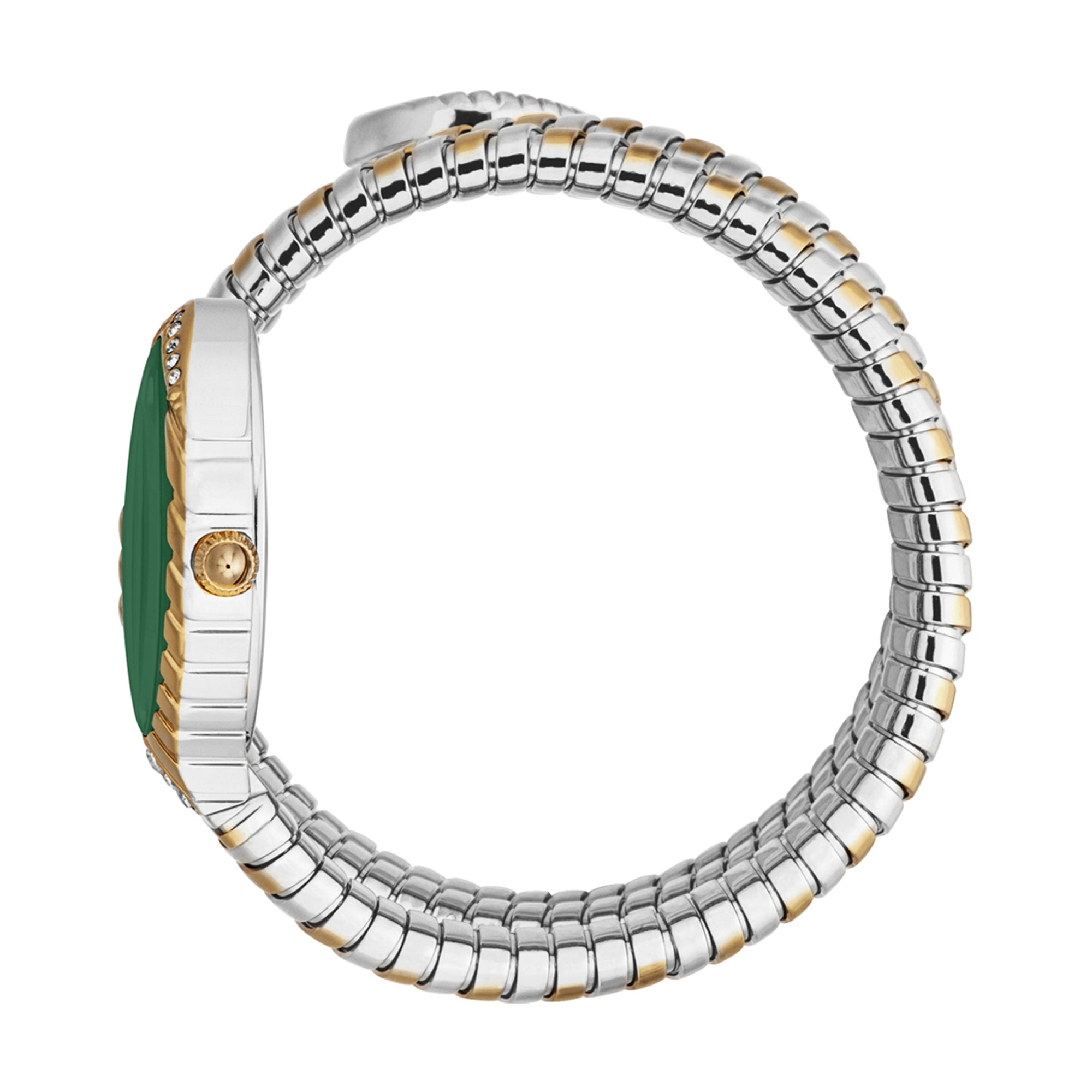 Just Cavalli JC1L323M0055 women's watch side view showing coiled bracelet and case