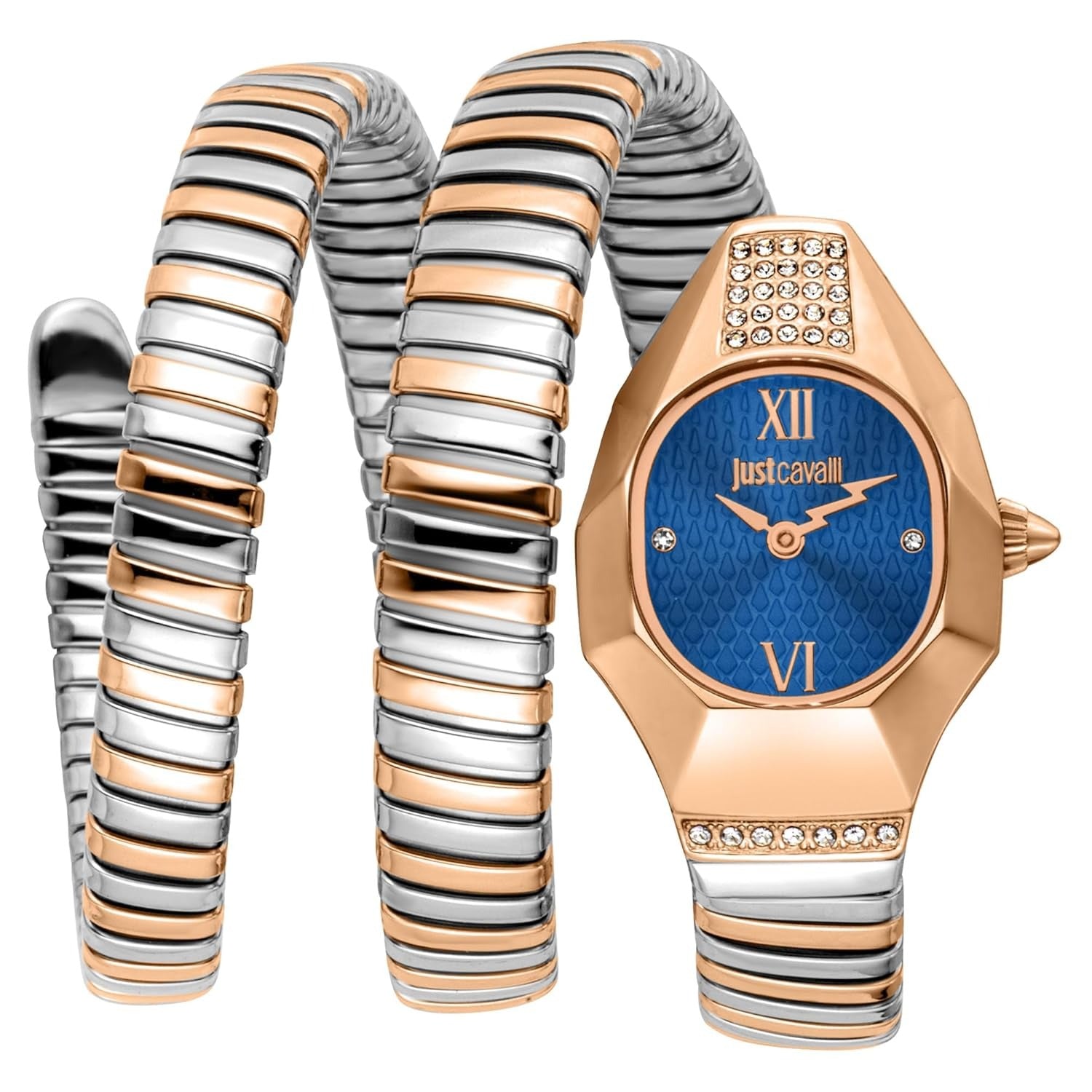 Just Cavalli Lunara women's watch with blue dial, rose gold case, and two-tone bangle strap