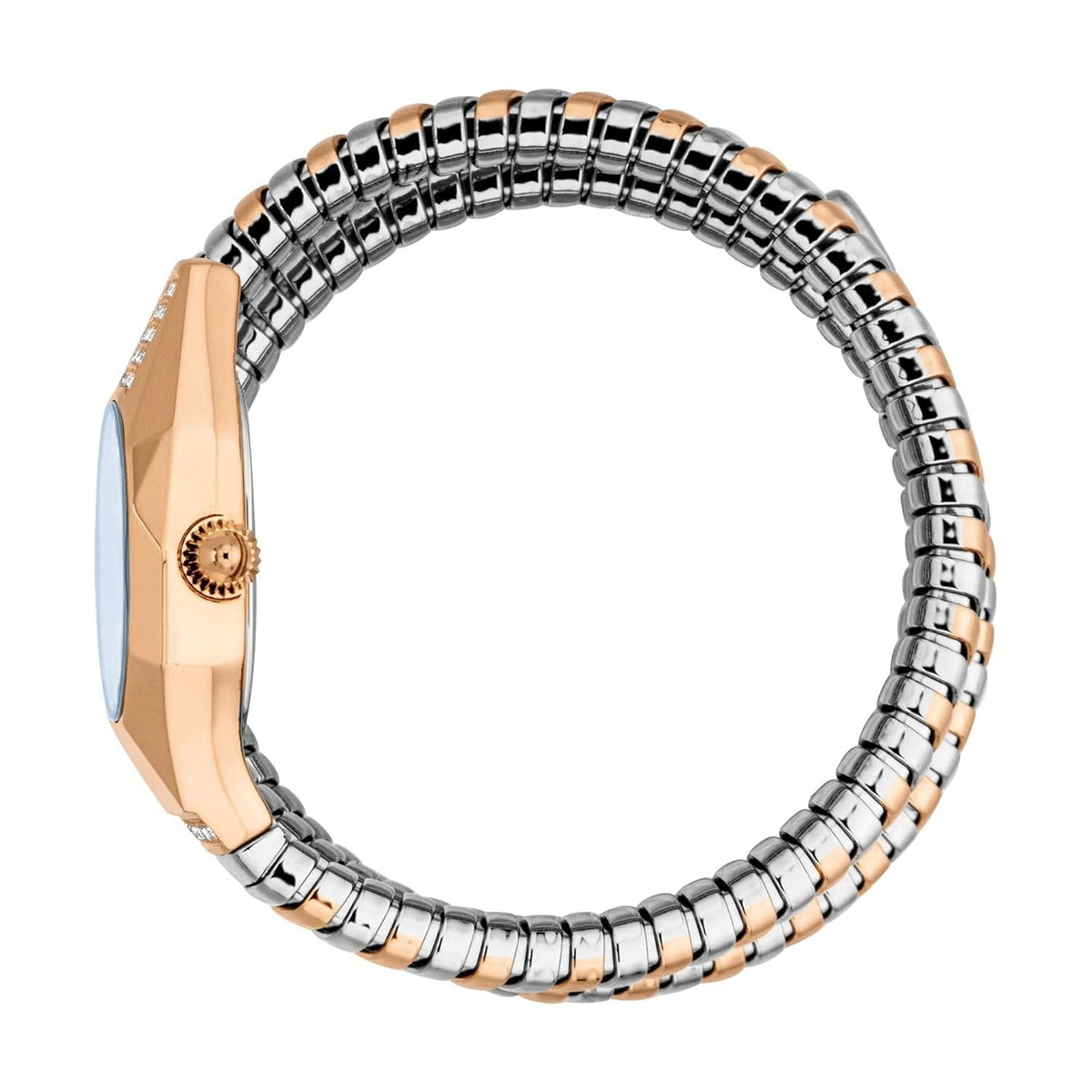 Side view of Lunara watch showing rose gold case and two-tone expandable bangle bracelet