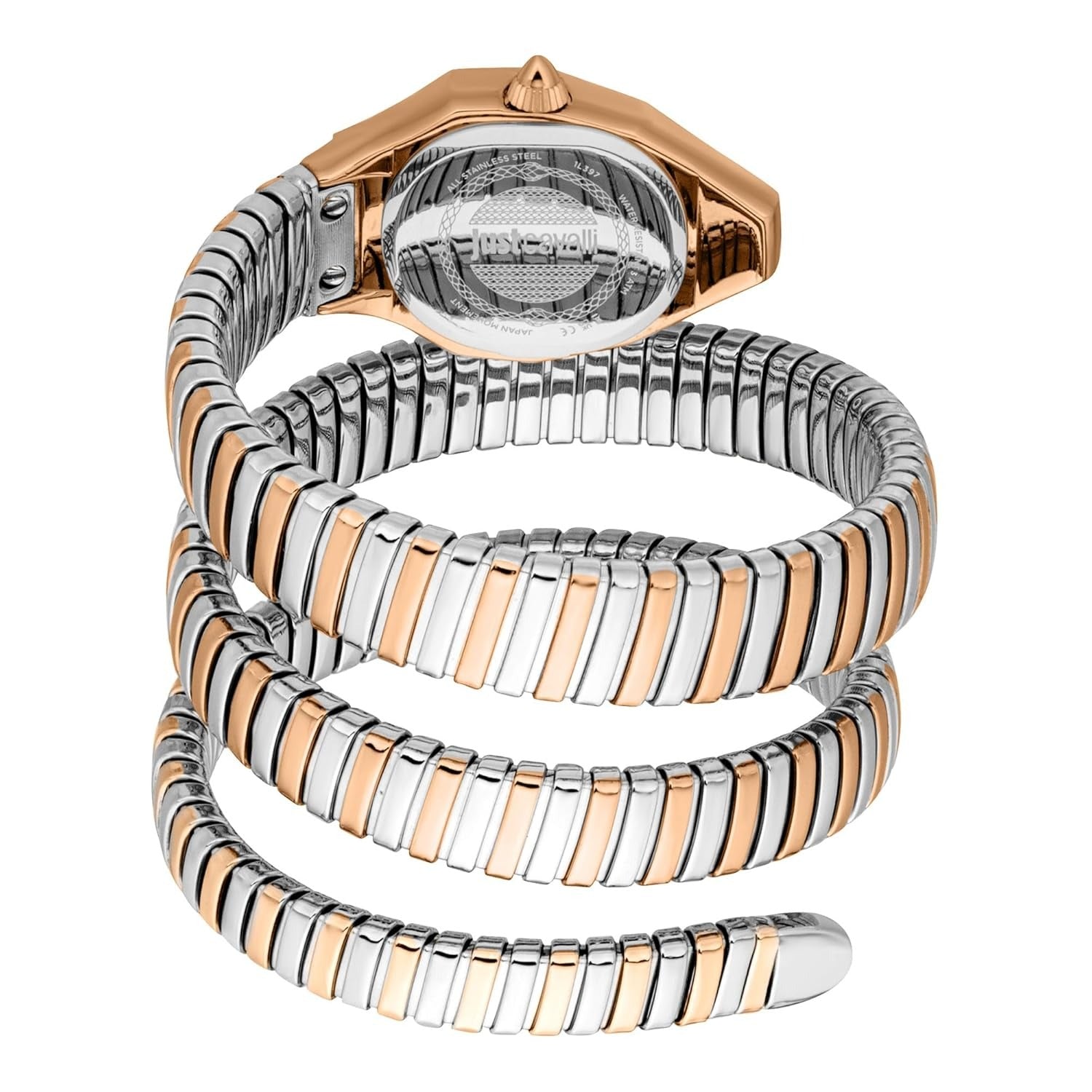 Lunara watch strap detail showing wrapped two-tone silver and rose gold metal bangle design