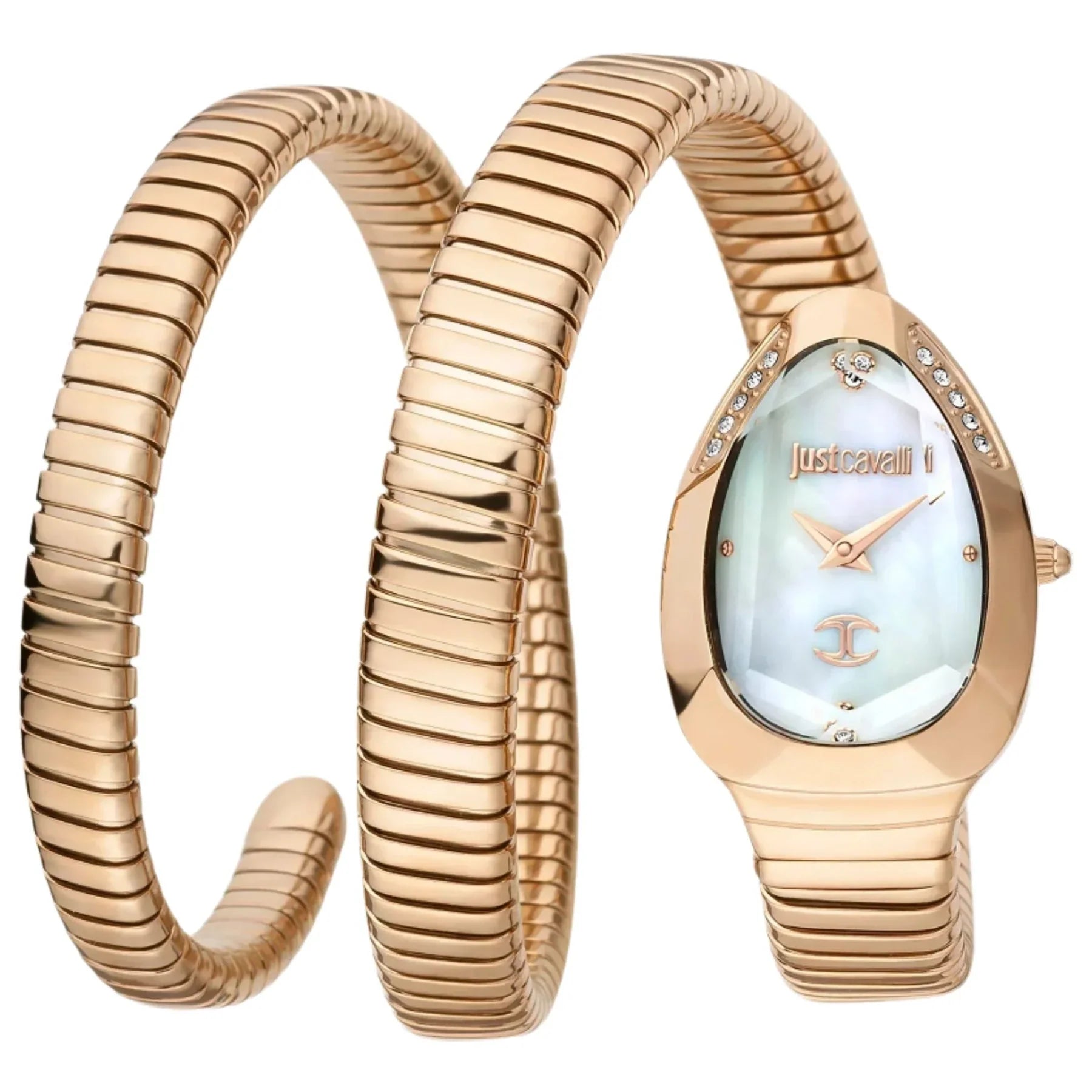 Just Cavalli Serpente rose gold women's watch with serpent-wrapped strap and mother-of-pearl dial