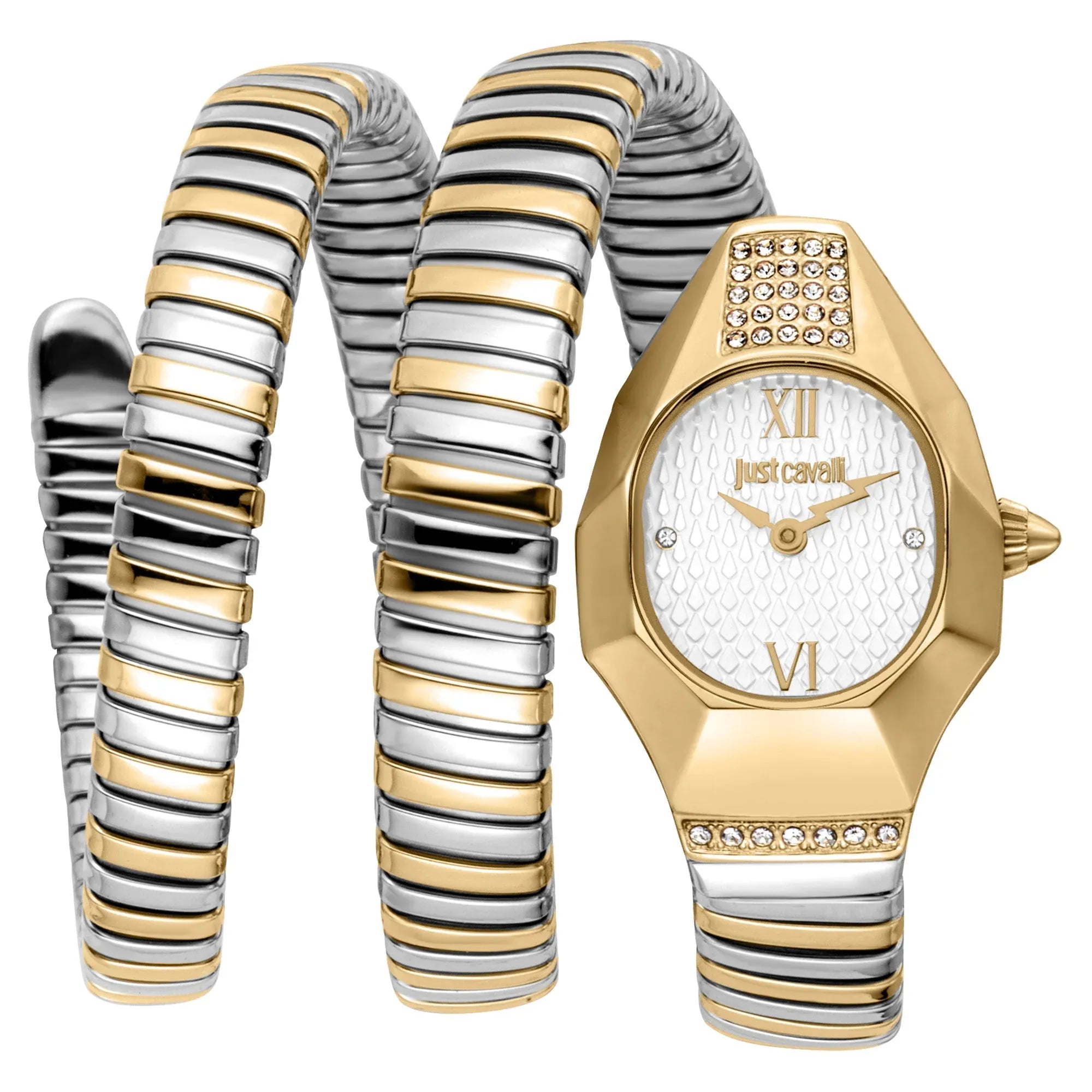Just Cavalli Signature Snake Lunara Silver Yellow Gold Silver Women Watch - JC1L397M0065