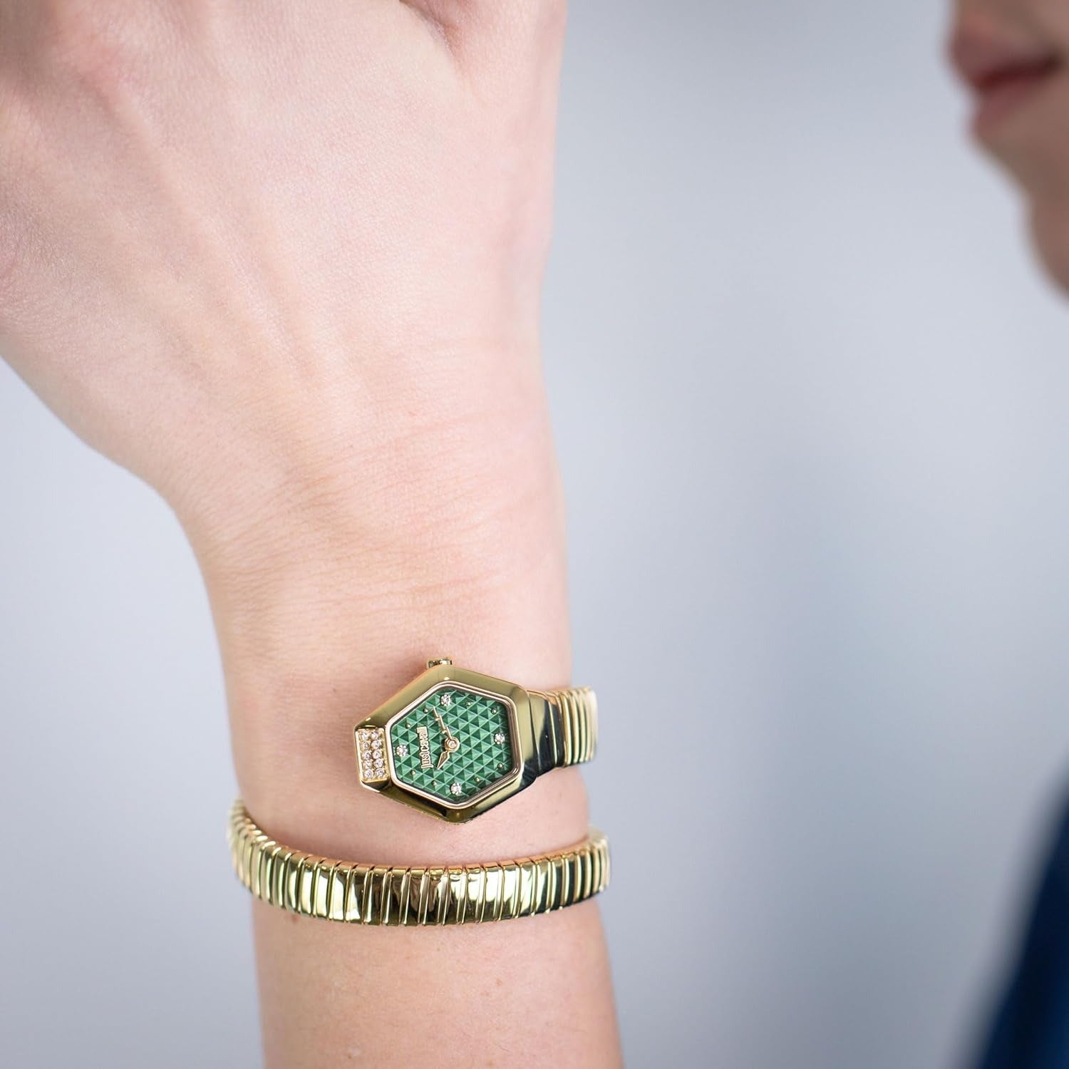 Just Cavalli Signature Snake Splora Yellow Gold Green Watch - JC1L394M0035