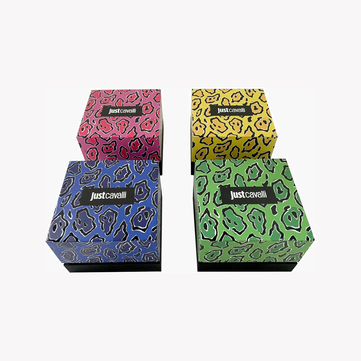 Just Cavalli colorful branded gift boxes in pink, blue, yellow, and green with snake pattern