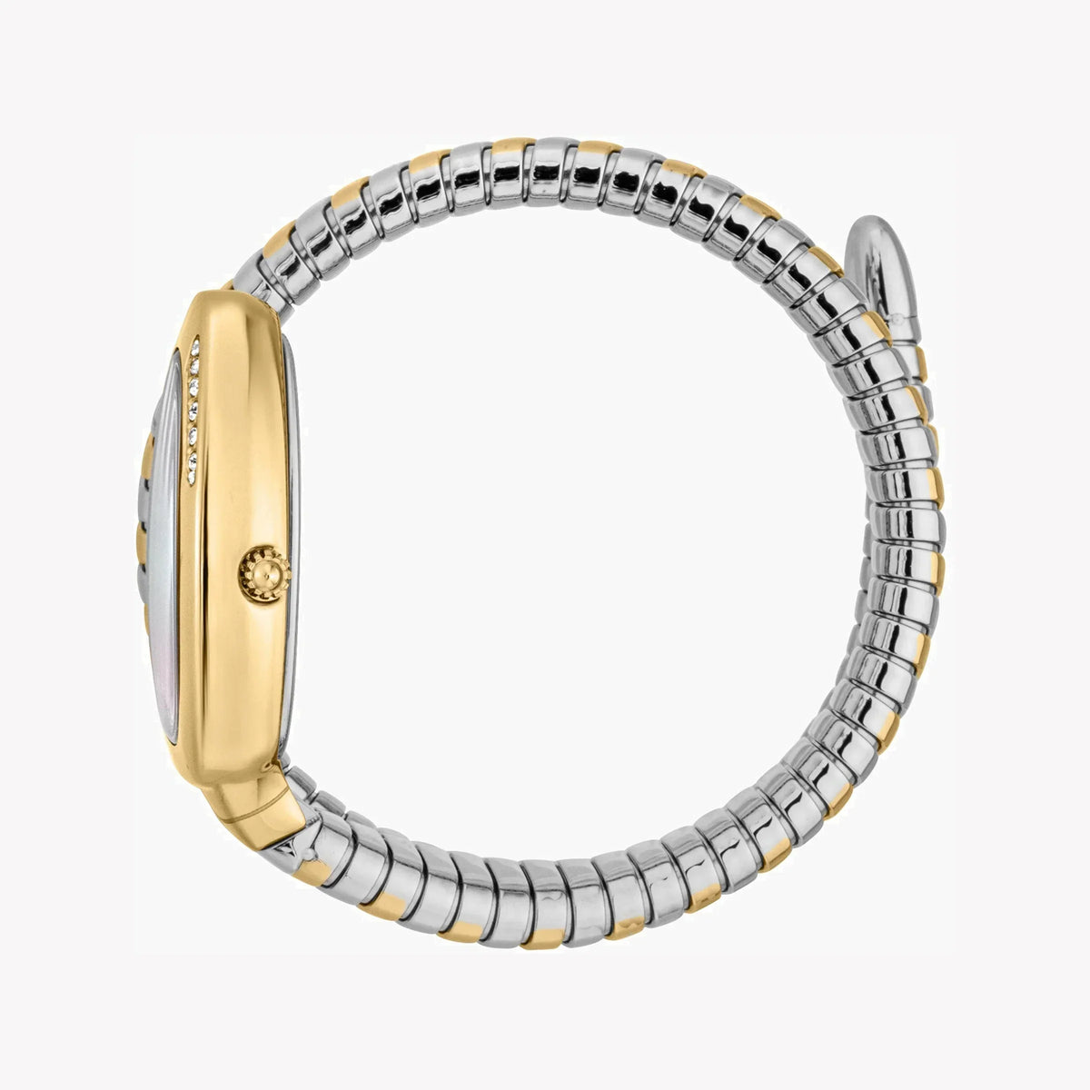 Side view of Just Cavalli Snake watch showing gold case and two-tone snake bracelet